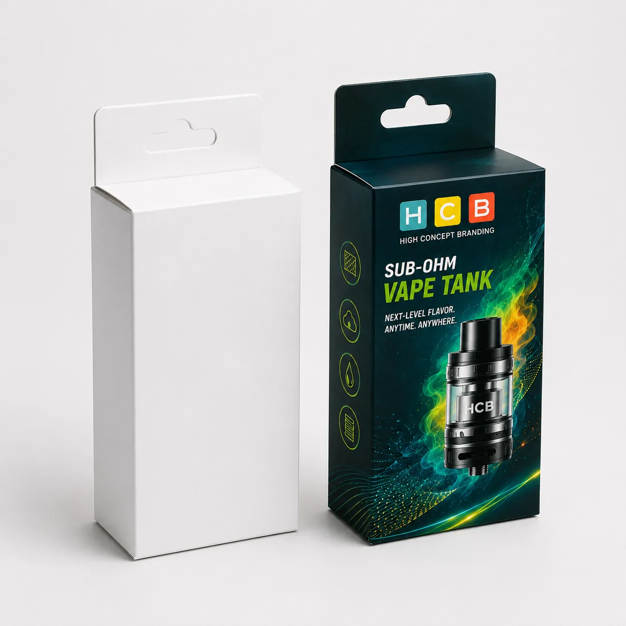 Custom printed corrugated mailer boxes for e liquid vape tanks next to plain white template. class=
